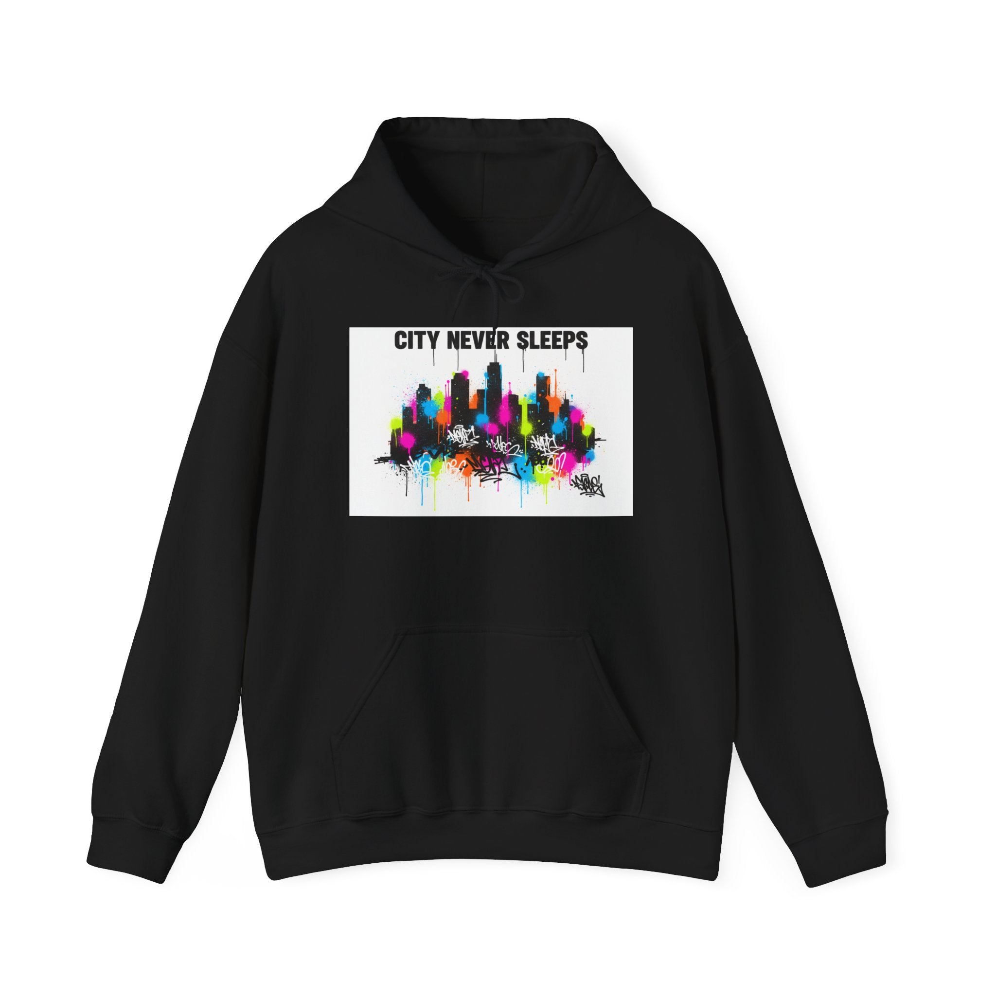City Never Sleeps Hoodie — Colorful Skyline Graphic Pullover