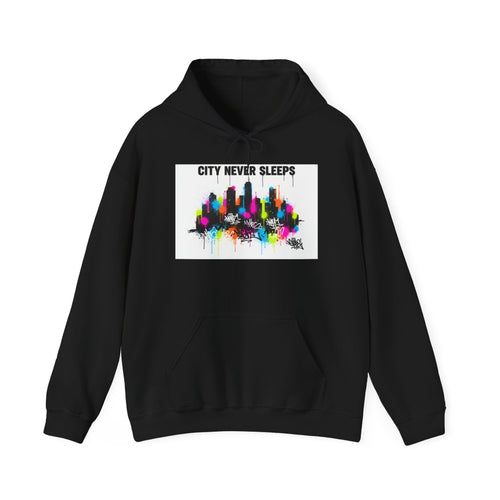 City Never Sleeps Hoodie — Colorful Skyline Graphic Pullover