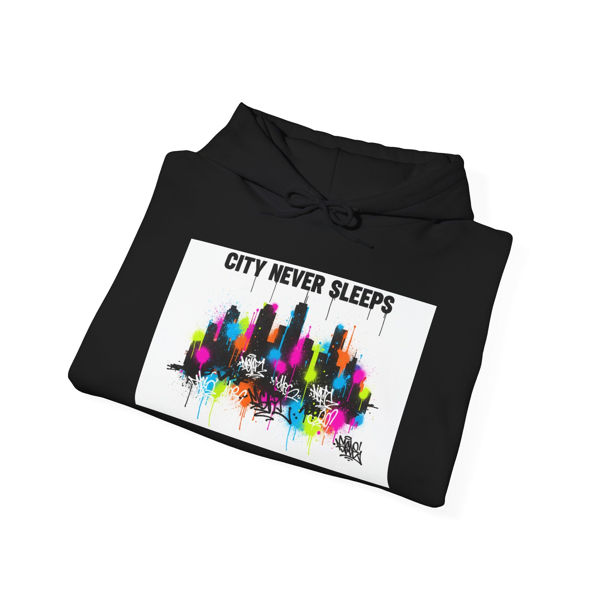 City Never Sleeps Hoodie — Colorful Skyline Graphic Pullover