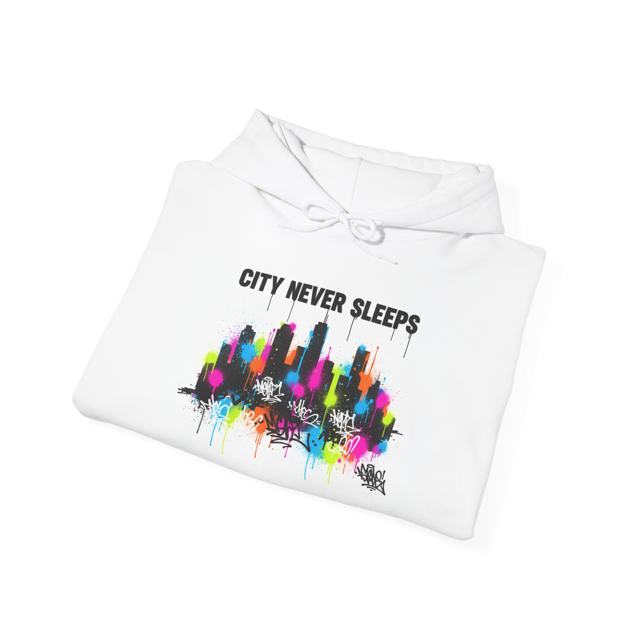 City Never Sleeps Hoodie — Colorful Skyline Graphic Pullover
