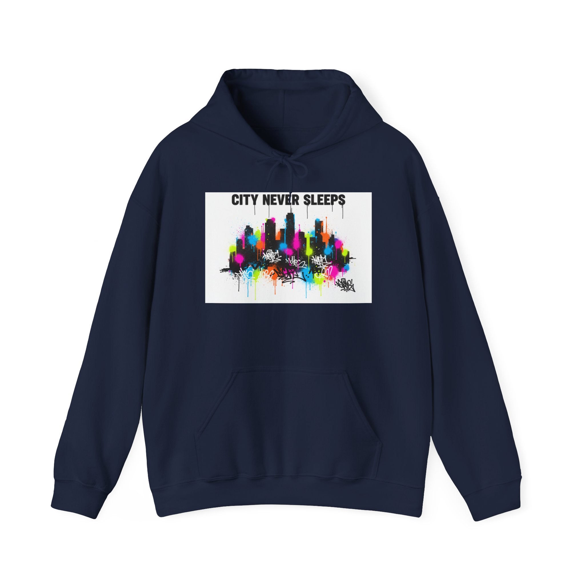 City Never Sleeps Hoodie — Colorful Skyline Graphic Pullover