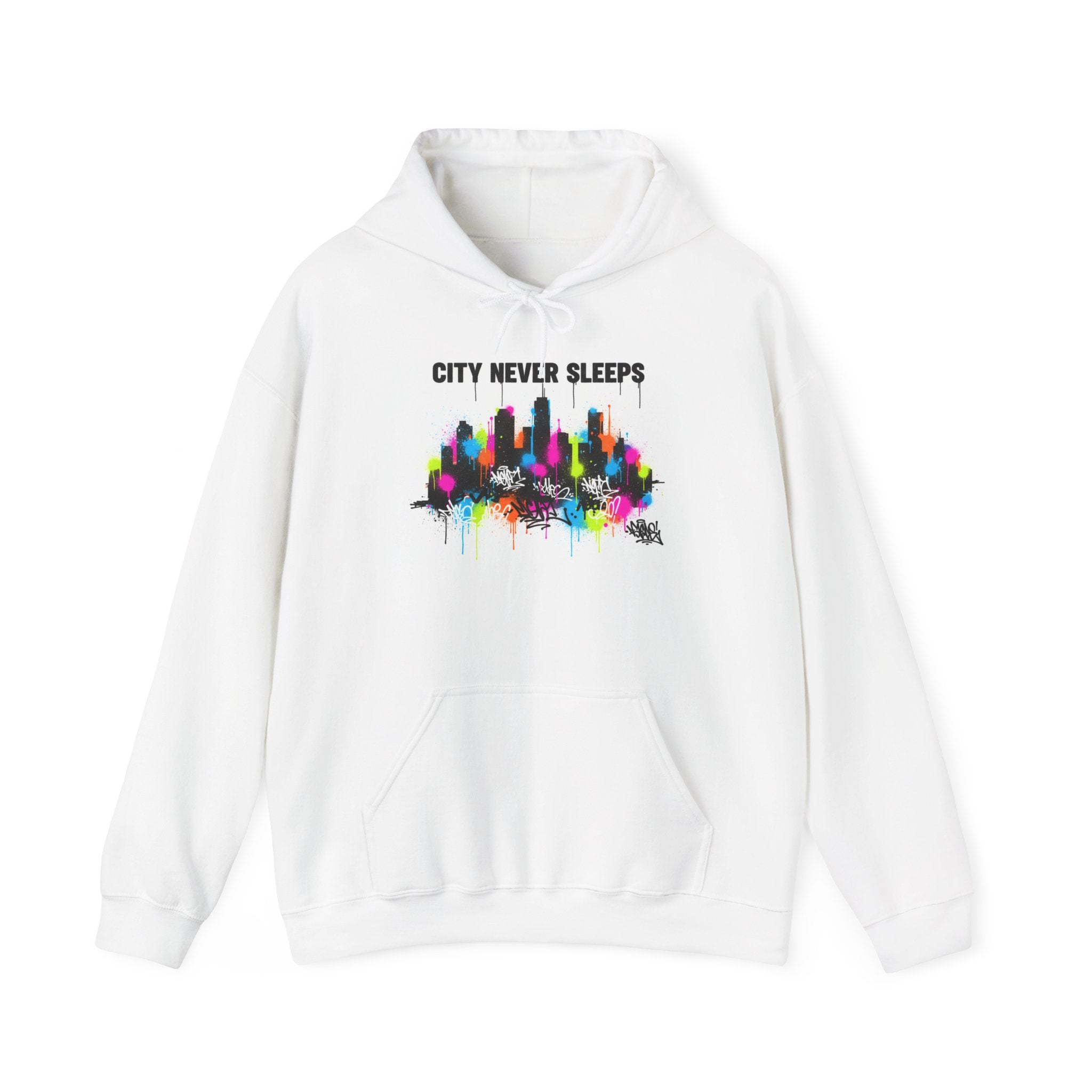 City Never Sleeps Hoodie — Colorful Skyline Graphic Pullover