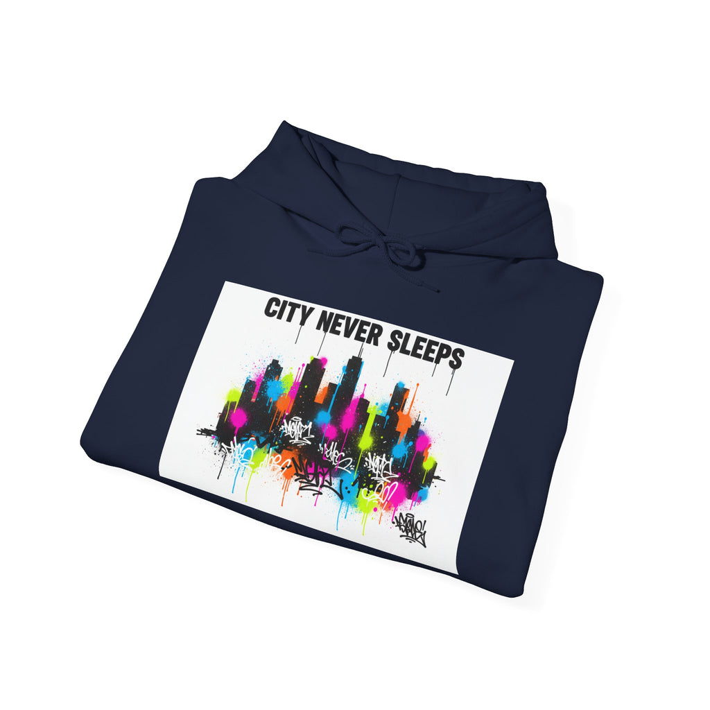 City Never Sleeps Hoodie — Colorful Skyline Graphic Pullover